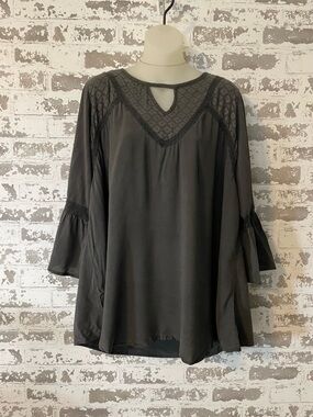 Torrid black sheer blouse with bell sleeves and lace details. Size: 1X